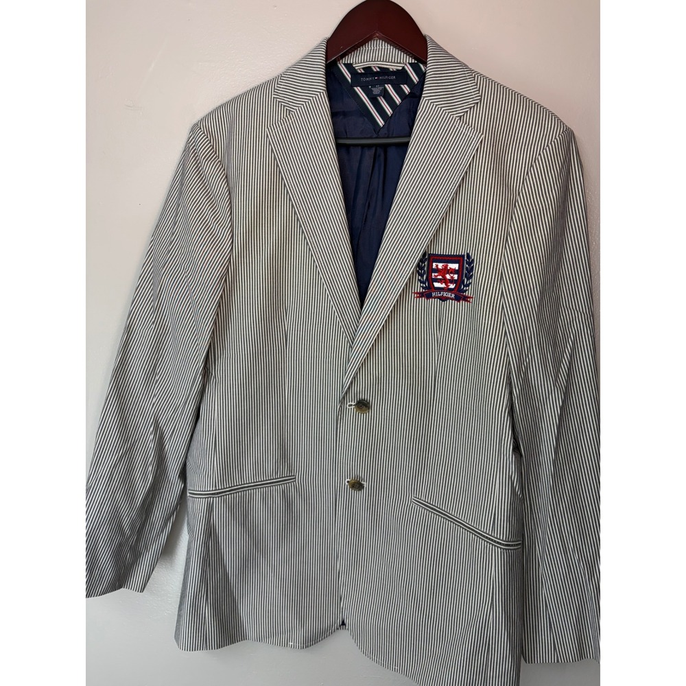 Prep Tommy Hilfiger Men Seersucker Striped Crest Blazer Sport Coat Blue White 48
